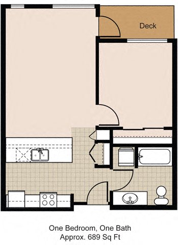 Floor plan for 1 bed, 1 bath, 713 sqft